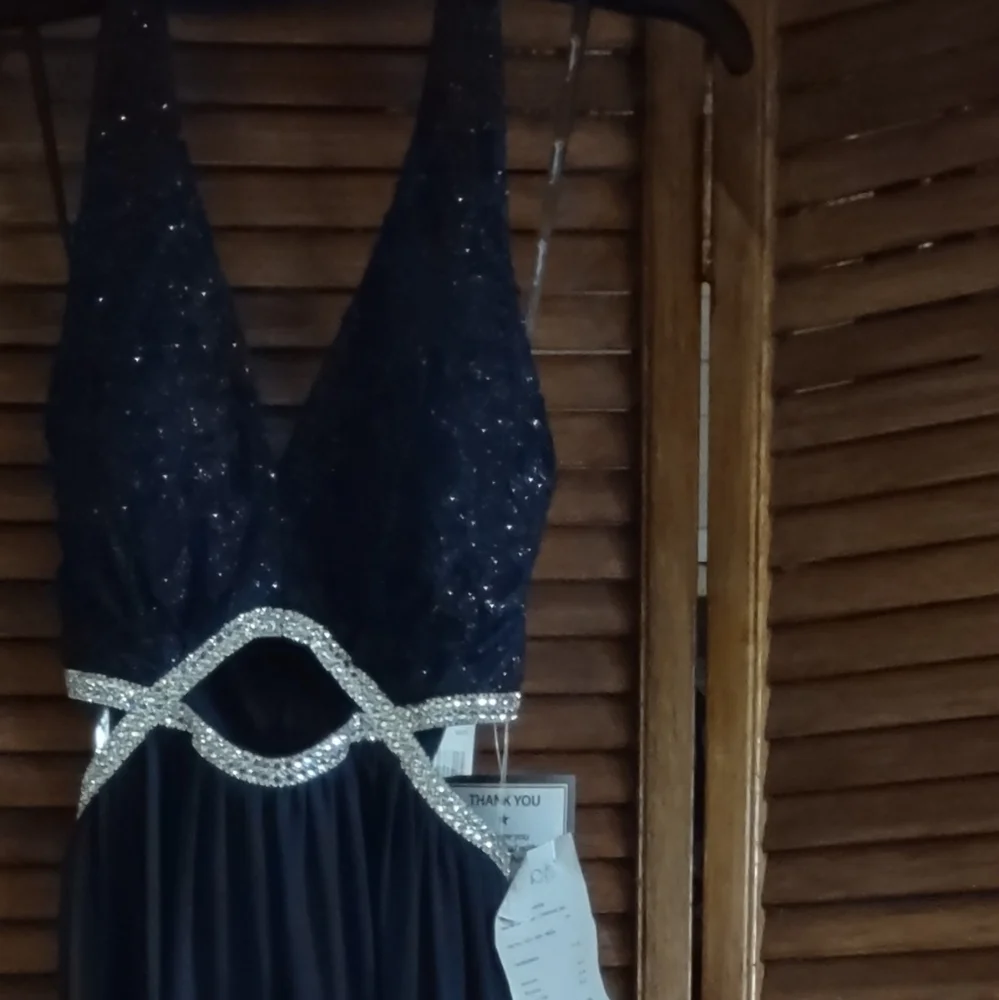 Navy Blue Long Halter top Evening gown, Sequin - Picture 2 of 10